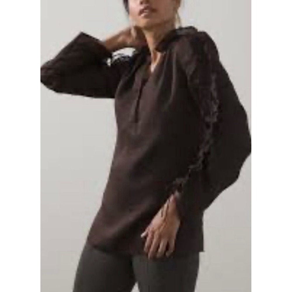 Chico's Blouse 4|XXL Blouse Ruffle Sleeve Cocoa Bean Tunic Ramie Lyocell $109